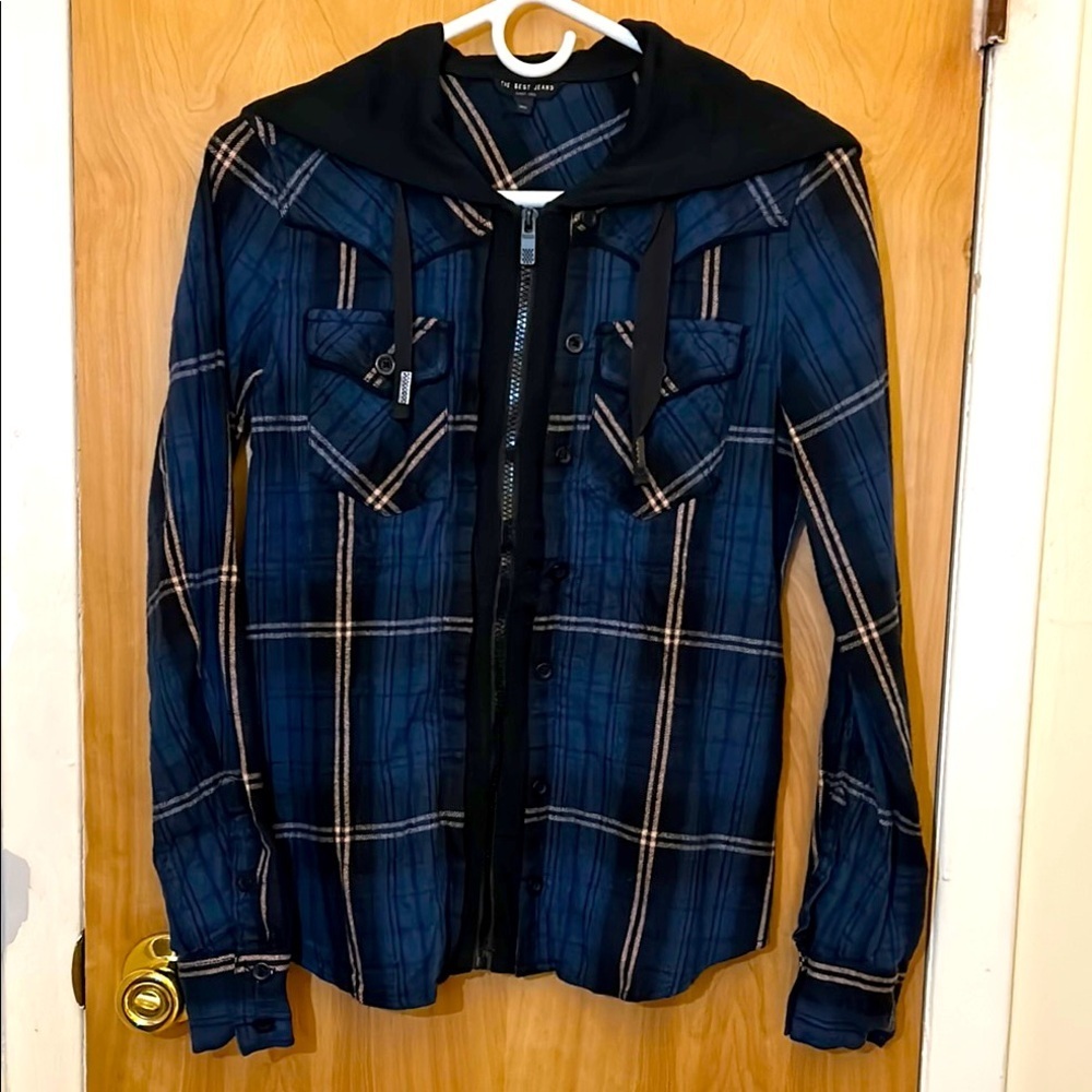 Boys Blue Plaid Hooded Sweater Size M/L